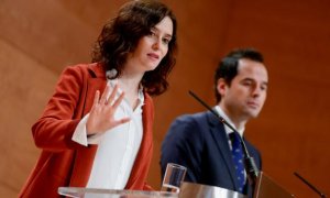 La presidenta de la Comunidad de Madrid, Isabel Díaz Ayuso junto a su vicepresidente Ignacio Aguado en una comparecencia conjunta. Fuente: CAM