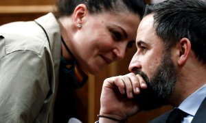 11/04/2020.- El líder de VOX, Santiago Abascal (d), habla con la diputada de su partido, Macarena Olona, durante el pleno celebrado este jueves en el Congreso de los Diputados. EFE/Mariscal