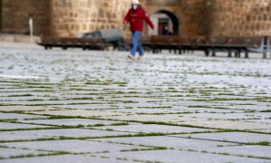 L'herba s'obre pas entre les rajoles d'una plaça a Ávila. EFE/ Raúl Sanchidrián