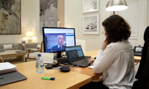 Ayuso durante la comparecencia en el Pleno telemático de la Asamblea de Madrid