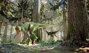 Reconstrucción de dos ejemplares de Othnielosaurus en su entorno en lo que hoy es América del Norte. Uno de ellos presenta una cojera debido a varias patologías que sufría en su pie izquierdo. / José Antonio Peñas (SINC)