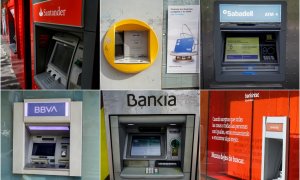 Cajeros automáticos de los seis mayores bancos españoles: Banco Santander, Caixabank, Banco Sabadell, BBVA, Bankia y Bankinter. E.P.