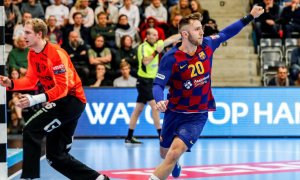 Aleix Gómez celebra un gol del Barça d'handbol aquesta temporada. REUTERS.