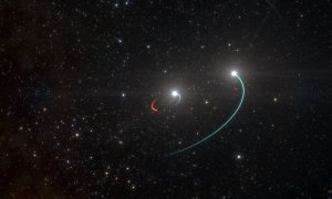 Ilustración del sistema triple HR 6819, constituido por un sistema binario interno con una estrella (órbita en azul) y el agujero negro recién descubierto (órbita en rojo), así como de un tercer objeto, otra estrella, en una órbita más amplia (también en