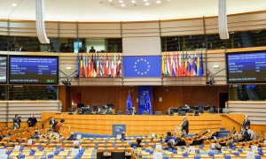 Vista del hemiciclo del Parlamento Europeo en Bruselas, durante el debate de las medidas para afrontar la crisis del coronavirus.