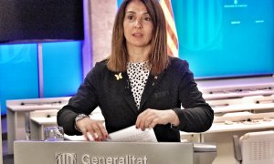La consellera de la Presidència i portaveu del Govern, Meritxell Budó, a la roda de premsa del 16 de maig del 2020 (horitzontal).