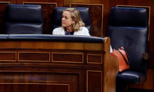 La ministra de Asuntos Económicos, Nadia Calviño, durante el pleno del Congreso que debate la quinta prórroga del estado de alarma. E.P./Pool