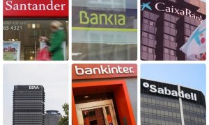 Montaje de los logos de los seis bancos cotizados en España. E.P.