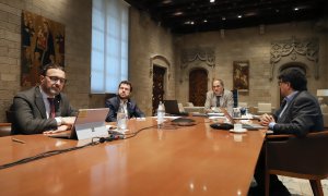 El president del Govern, Quim Torra, i el vicepresident, Pere Aragonès, reunits amb membres del grup de treball de l'estratègia Catalunya 2022. Govern - Rubén Moreno