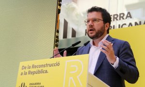 Pere Aragonès durant la seva intervanció en l'acte d'ERC per la reconstrucció.