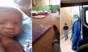 Tres capturas de vídeo difundidos por los migrantes en los que se muestran a una mujer encerrada con su hija, los colchones en el suelo de una escuela convertida en centro de internamiento improvisado y la detención de una mujer migrante para trasladarla