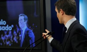 El líder del PP, Pablo Casado, en la sede de Génova 13 durante el mes de febrero de 2019. EFE