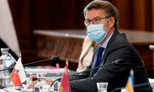 El presidente de la Xunta, Alberto Núñez Feijóo durante la Conferencia de Presidentes que busca el consenso para el reparto de los fondos de recuperación europeos por la crisis del coronavirus, este viernes en el monasterio de San Millán de Yuso, en San