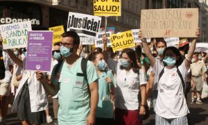 Participantes portan pancartas reivindicativas en una manifestación de los médicos internos residentes (MIR) en Madrid. /Europa Press