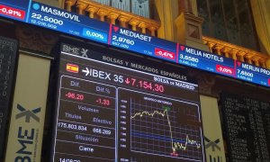 Vista de una pantalla que marca la evolución del Ibex 35, en la Bolsa de Madrid. EFE/ Jorge Salhani