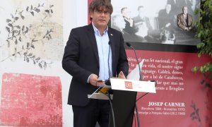 L'expresident de la Generalitat, Carles Puigdemont, durant una conferència a la Universitat Catalana d'Estiu (UCE). ALEIX FREIXAS / ACN