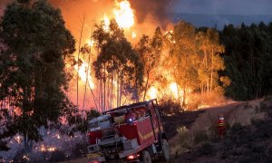 Miembros de la UME extinguen el incendio de Almonaster la Real, en Huelva. / DAVID ARJONA (EFE)