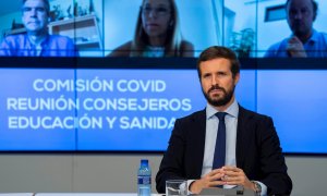 26/08/2020.- El presidente y líder del Partido Popular, Pablo Casado, participa este miércoles en una reunión con Consejeros de Educación y Sanidad de las comunidades en que gobiernan los populares desde Madrid, con el objetivo de preparar un "plan B educ