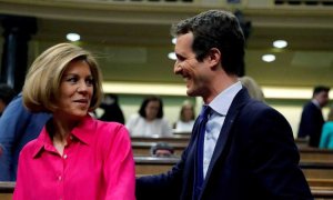 La exsecretaria general del PP, María Dolores de Cospedal y el actual líder del partido, Pablo Casado, en el Congreso. EFE