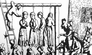 Brujas ahorcadas en un grabado de la época de la persecución.