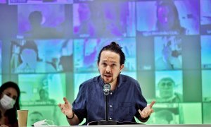 El secretario general de Podemos y vicepresidente segundo del Gobierno, Pablo Iglesias, interviene ante el Consejo Ciudadano de Podemos celebrado este sábado en Madrid / EFE