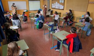 22/09/2020.-Primer día de clase de los alumnos del colegio Germán Fernández Ramos de Oviedo. Casi 64.000 alumnos de Infantil y Primaria del Principado han regresado este martes a las aulas seis meses después de que el decreto del estado de alarma por la p