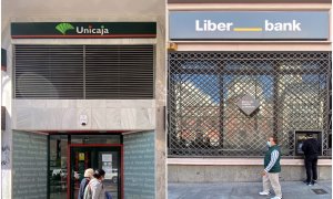 Vista de sendas sucursales de Unicaja Banco y Liberbank, en Madrid. E.P.