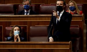 MADRID, 14/10/2020.- El líder del PP, Pablo Casado, durante su intervención en la sesión de control al Ejecutivo este miércoles en el Congreso. EFE/ Mariscal