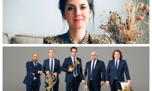 Arriba la compositora Raquel García Tomás y abajo el quinteto de metal Spanish Brass. / MINISTERIO DE EDUCACIÓN, CULTURA Y DEPORTE