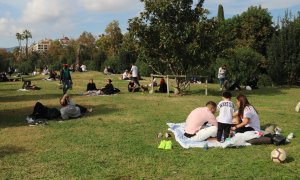 Grups de persones fent pícnics al Parc de la Ciutadella aquest diumenge. ACN