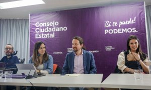 El portavoz de Unidas Podemos en el Congreso, Pablo Echenique; la portavoz adjunta de Unidas Podemos en el Congreso, Ione Belarra; el secretario general de Podemos y vicepresidente de Derechos Sociales y Agenda 2030 del Gobierno, Pablo Iglesias; y la dipu