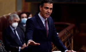 El presidente del Gobierno, Pedro Sánchez, interviene en la segunda sesión del debate de moción de censura presentada por Vox, este jueves en el Congreso. EFE/Mariscal