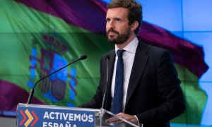 El líder del PP, Pablo Casado, en la sede de Génova 13.