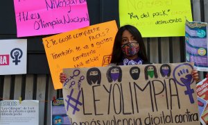 Colectivos feministas se manifiestan a favor de la Ley Olimpia frente a la sede del Senado mexicano, en Ciudad de México (México).