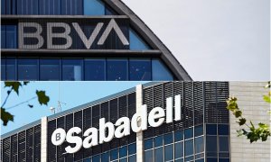 Los logos de BBVA y de Banco Sabadell, en sus respectivas sedes de Madrid y de Barcelona. EFE