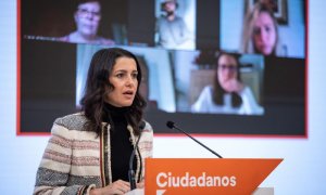 La presidenta de Ciudadanos, Inés Arrimadas,, en una rueda de prensa en la sede de la formación en Madrid.