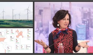 Ana Botín, junto con dos imágenes muy significativas de las políticas de sostenibilidad del Santander