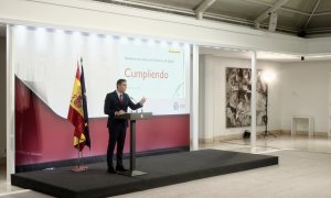 El presidente del Gobierno, Pedro Sánchez durante la rueda de prensa para presentar el primer informe de rendición de cuentas del Gobierno. E.P./E. Parra