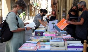 La parada a l’exterior de la llibreria especialitzada en literatura infantil i juvenil Casa Anita, al barri de Gràcia de Barcelona, durant el Sant Jordi d’estiu.