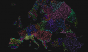 Los diferentes colores representan las cuencas de los principales ríos europeos, estudiados para inventariar las barreras existentes.