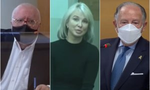 Imágenes de José Manuel Villarejo, Corinna Larsen y José Félix Sanz Roldán, durante el juicio contra el comisario jubilado por calumnias al exdirector del Centro Nacional de Inteligencia (CNI) .