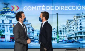 El secretario general del PP, Teodoro García Egea, junto al presidente de la formación, Pablo Casado.