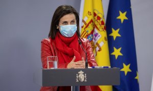 13/01/2021.- La ministra de Defensa, Margarita Robles durante la rueda de prensa tras la reunión del Comité Estatal de Coordinación y Dirección del Sistema Nacional de Protección Civil (CECOD) para analizar el paso de la borrasca 'Filomena', celebrada est