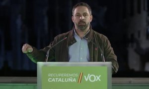 El presidente de Vox, Santiago Abascal, durante el mitin difundido ayer a través de las redes sociales