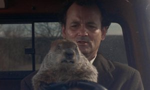 Phil, protagonista del Día de la Marmota, y el actor Bill Murray, en la película 'Atrapado en el tiempo'.