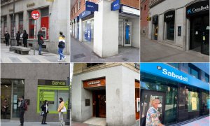Sucursales de los seis mayores bancos que operan en España: Banco Santander, BBVA, Caixabank, Bankia, Bankinter, y Banco Sabadell. E.P.