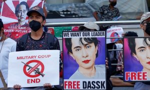 Imagen de una de las protestas en Rangún, Myanmar.