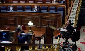 24/02/2021.- El portavoz de Unidas Podemos, Pablo Echenique tras su intervención este miércoles en el Congreso donde el presidente del Gobierno, Pedro Sánchez, da cuenta de los datos y gestiones en relación a la aplicación del estado de alarma. EFE/Emilio