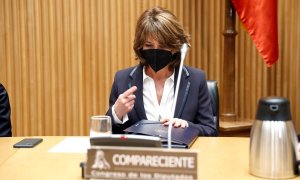 La fiscal general del Estado, Dolores Delgado, durante su comparecencia en la Comisión de Justicia del Congreso. EFE/Zipi