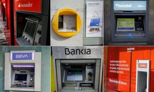 Cajeros automáticos de los seis mayores bancos españoles: Banco Santander, Caixabank, Banco Sabadell, BBVA, Bankia y Bankinter. E.P.